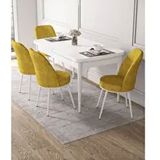 Canisa Kor Serisi Beyaz Masa 70x114 cm Açılabilir 4 Sandalye Hardal Mutfak Masası Takımı