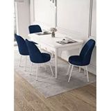 Canisa Kor Serisi Beyaz Masa 70x114 cm Açılabilir 4 Sandalye Lacivert Mutfak Masası Takımı