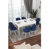 Canisa Kor Serisi, Beyaz Mermer Desen 70x114 Açılabilir Yemek Masa Takımı,6 Lacivert Sandalye