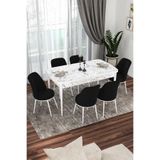 Canisa Kor Serisi Beyaz Mermer Desen 70x114 cm Açılabilir Yemek Masa Takımı, 6 Siyah Sandalye