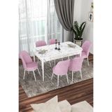 Canisa Kor Serisi, Beyaz Mermer Desenli 70x114 cm Açılabilir Yemek Masası Takımı, 6 Pembe Sandalye