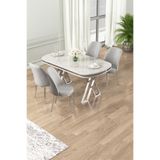 Canisa Lai Serisi 90x168 cm Beyaz Mermer Desen Masa, 4 Gri Sandalye, Krom Ayak, Mutfak Masası Takımı
