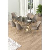 Canisa Lai Serisi 90x168 cm Lak Panel Antrasit Ironi Masa, Gold Ayak, 6 Cappucino Sandalye Yemek Odası Takımı