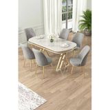 Canisa Lai Serisi 90x168 Lak Panel Beyaz Mermer Desen Gold Ayak Masa Takımı 6 Gri Sandalye