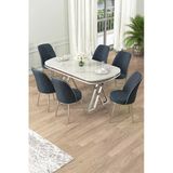 Canisa Lai Serisi 90x168 Lak Panel Beyaz Mermer Desen Krom Ayak Masa Takımı 6 Antrasit Sandalye