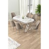 Canisa Lai Serisi 90x168 Lak Panel Beyaz Mermer Desen Krom Ayak Masa Takımı 6 Cappucino Sandalye