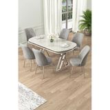 Canisa Lai Serisi 90x168 Lak Panel Beyaz Mermer Desen Krom Ayak Masa Takımı 6 Gri Sandalye