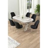 Canisa Lai Serisi 90x168 Lak Panel Beyaz Mermer Desen Krom Ayak Masa Takımı 6 Siyah Sandalye