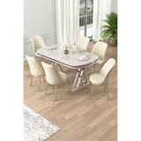 Canisa Lai Serisi 90x168 Lak Panel Beyaz Mermer Desen Krom Ayak Masa Takımı Ve 6 Krem Sandalye