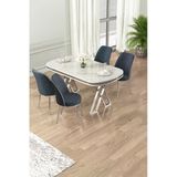 Canisa Lai Serisi 90X168 Lak Panel Beyaz Mermer Desen Masa Ve 4 Antrasit Sandalye Krom Ayak
