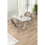 Canisa Lai Serisi 90x168 Lak Panel Beyaz Mermer Desen Masa Ve 4 Cappucino Sandalye Krom Ayak