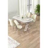 Canisa Lai Serisi 90x168 Lak Panel Beyaz Mermer Desen Masa ve 4 Sandalye Krom Ayak