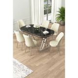 Canisa Lai Serisi 90x168 Lak Panel Sonata Krom Ayak Masa Takımı Ve 6 Krem Sandalye - Siyah Mermer