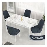 Canisa Lav Serisi 80x132 Beyaz Mermer Desen Masa Takımı ve Gold Halkalı 4 Adet Cappucino Sandalye