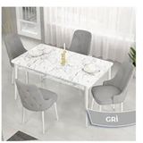 Canisa Lav Serisi 80x132 Beyaz Mermer Desen Masa Takımı ve Gold Halkalı 4 Adet Gri Sandalye