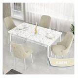 Canisa Lav Serisi 80x132 Beyaz Mermer Desen Masa Takımı ve Gold Halkalı 4 Adet Krem Sandalye