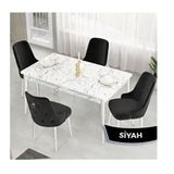 Canisa Lav Serisi 80x132 Beyaz Mermer Desen Masa Takımı ve Gold Halkalı 4 Adet Siyah Sandalye