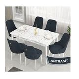 Canisa Lav Serisi 80x132 Beyaz Mermer Desen Masa Takımı ve Gold Halkalı 6 Adet Antrasit Sandalye