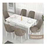 Canisa Lav Serisi 80x132 Beyaz Mermer Desen Masa Takımı ve Gold Halkalı 6 Adet Cappucino Sandalye