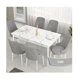 Canisa Lav Serisi 80x132 Beyaz Mermer Desen Masa Takımı ve Gold Halkalı 6 Adet Gri Sandalye