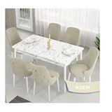 Canisa Lav Serisi 80x132 Beyaz Mermer Desen Masa Takımı ve Gold Halkalı 6 Adet Krem Sandalye