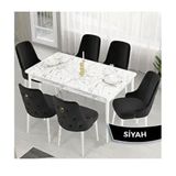 Canisa Lav Serisi 80x132 Beyaz Mermer Desen Masa Takımı ve Gold Halkalı 6 Adet Siyah Sandalye
