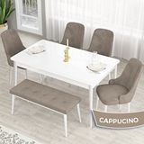 Canisa Lav Serisi 80x132 Beyaz Mutfak Masa Takımı Gold Halkalı 4 Cappucino Sandalye ve Cappucino 1 Bench