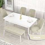 Canisa Lav Serisi 80x132 Beyaz Mutfak Masa Takımı Gold Halkalı 4 Krem Sandalye ve Krem 1 Bench