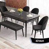 Canisa Lav Serisi 80x132 Siyah Mermer Desen Ceviz Ayak 4 Siyah Sandalye ve 1 Bench Siyah Masa Takımı