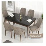 Canisa Lav Serisi 80x132 Siyah Mermer Desen Ceviz Ayak Masa Takımı ve Gold Halkalı 6 Adet Cappucino Sandalye