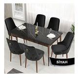 Canisa Lav Serisi 80x132 Siyah Mermer Desen Ceviz Ayak Masa Takımı ve Gold Halkalı 6 Adet Siyah Sandalye