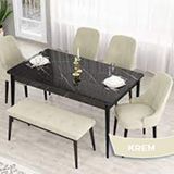 Canisa Lav Serisi 80x132 Siyah Mermer Desen Gold Halkalı 4 Krem Sandalye ve 1 Bench Krem Masa Takımı