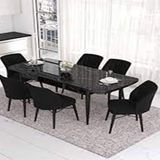 Canisa Lav Serisi 80x132 Siyah Mermer Desen Gold Halkalı 4 Siyah Sandalye ve 1 Bench Siyah Masa Takımı