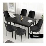 Canisa Lav Serisi 80x132 Siyah Mermer Desen Masa Takımı ve Gold Halkalı 6 Adet Siyah Sandalye