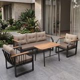 Canisa Lavin Serisi 1.sınıf 3+1+1 Bahçe Balkon Oturma Grubu Siyah Metal Iskelet Cappucino Minderli Orta Sehpalı - Bej - Cappuccino