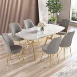 Canisa Lena Serisi 90 x 160 cm Lak Panel Beyaz Mermer Desen Gold Kaplama Ayaklı Masa Takımı Ve 6 Sandalye - Gri