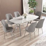 Canisa Lena Serisi 90 x 160 cm Lak Panel Beyaz Mermer Desen Krom Kaplama Ayaklı Masa Takımı Ve 6 Sandalye - Gri