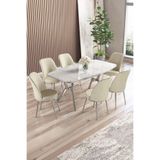 Canisa Lena Serisi 90x160 Beyaz Mermer Desen Masa Takımı, Krom Ayaklı, 6 Krem Sandalye