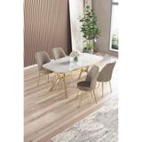 Canisa Lena Serisi 90x160 cm Beyaz Mermer Desen Masa, Gold Kaplama Ayaklı, 4 Cappuccino Sandalyeli Yemek Odası Takımı