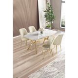 Canisa Lena Serisi 90x160 cm Beyaz Mermer Desen Masa, Gold Kaplama Ayaklı, 4 Krem Sandalye Takımı