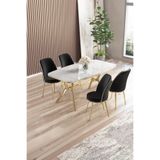 Canisa Lena Serisi 90x160 cm Beyaz Mermer Desen Masa, Gold Kaplama Ayaklı, 4 Siyah Sandalye Takımı