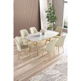 Canisa Lena Serisi 90x160 cm Beyaz Mermer Desen Masa, Gold Kaplama Ayaklı, 6 Krem Sandalyeli Yemek Odası Takımı