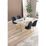 Canisa Lena Serisi 90x160 cm Beyaz Mermer Desen Masa Takımı, Gold Kaplama Ayaklı, 4 Antrasit Sandalye