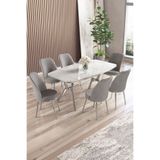 Canisa Lena Serisi 90x160 cm Beyaz Mermer Desen Masa Takımı, Krom Ayaklı, 6 Gri Sandalye