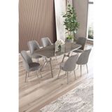 Canisa Lena Serisi 90x160 cm Lak Panel Antrasit İroni Krom Ayaklı Masa Takımı, 6 Gri Sandalye