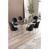 Canisa Lena Serisi 90x160 cm Lak Panel Antrasit İroni Masa, Krom Ayaklı, 6 Siyah Sandalye Takımı