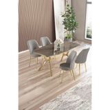 Canisa Lena Serisi 90x160 cm Lak Panel Antrasit Masa, Gold Kaplama Ayaklı, 4 Gri Sandalye Takımı