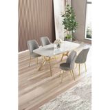 Canisa Lena Serisi 90X160 Lak Panel Beyaz Mermer Desen Gold Kaplama Ayaklı Masa Takımı Ve 4 Gri Sandalye