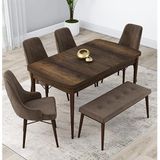Canisa Lia Serisi 4 Sandalye ve 1 Bench Kahverengi 80x132 Açılabilir Barok Ahşap Desen Mutfak Masa Takımı