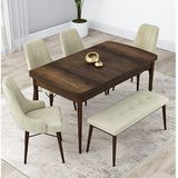 Canisa Lia Serisi 4 Sandalye ve 1 Bench Krem 80x132 Açılabilir Barok Ahşap Desen Mutfak Masa Takımı